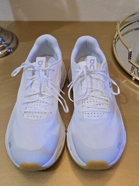 On Running White Athletic Sneakers with Gum Toe Accents